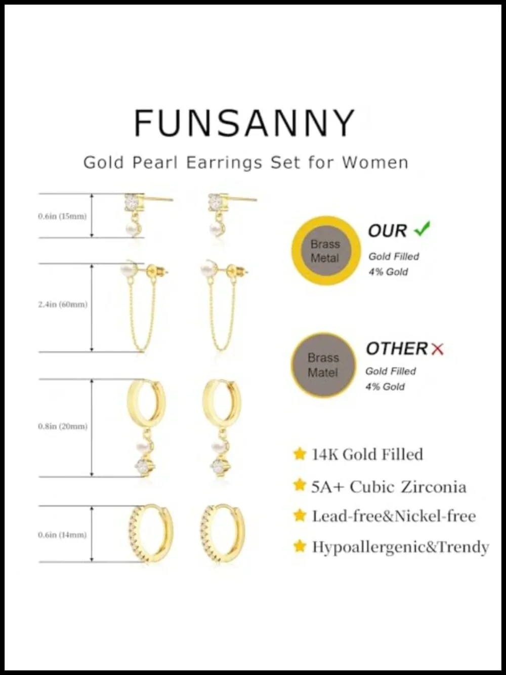 14K Gold Plated Pearl Earring Set - 4 Pairs Hypoallergenic Dangle Hoop Stud